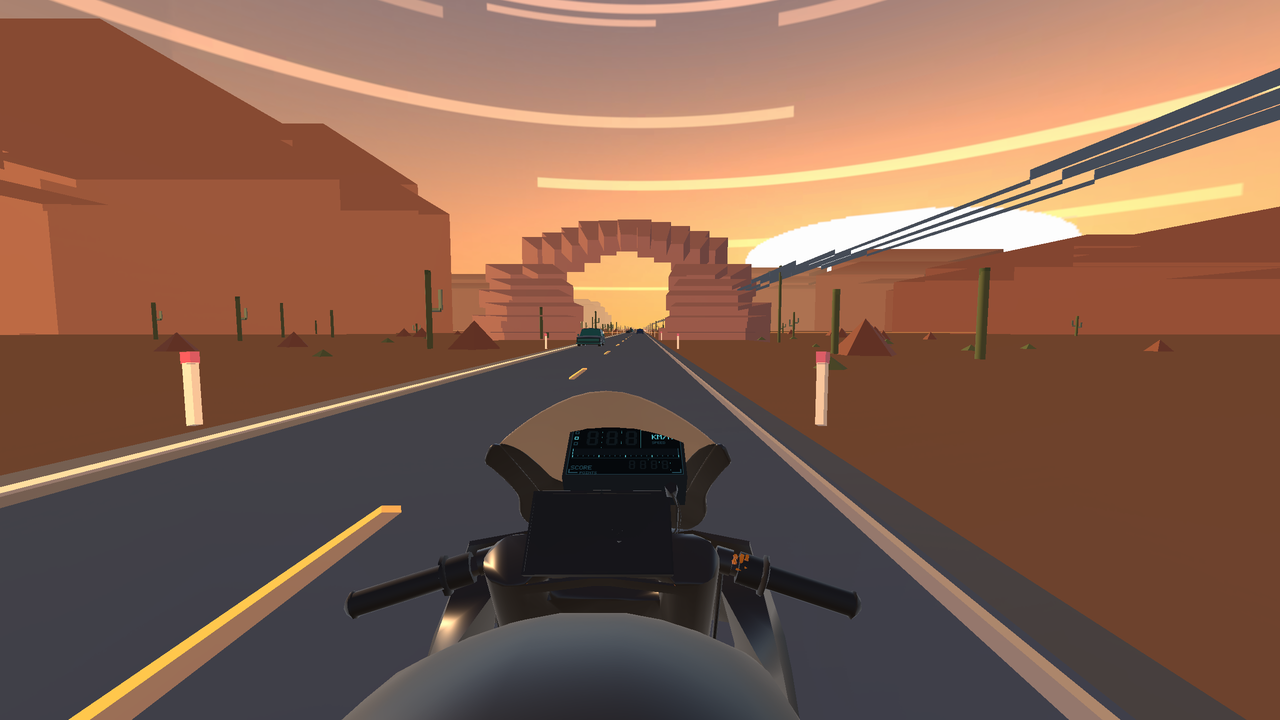 Riding through a desert canyon at sunset