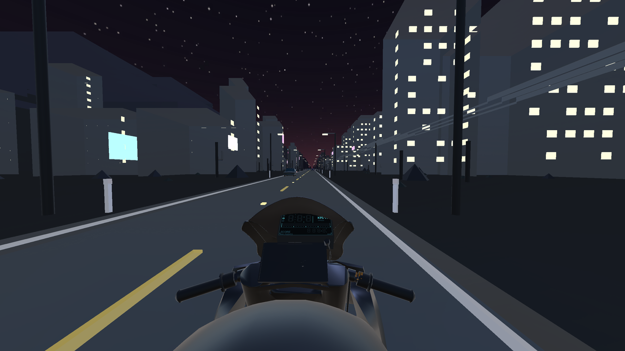 Riding through a neon city at night
